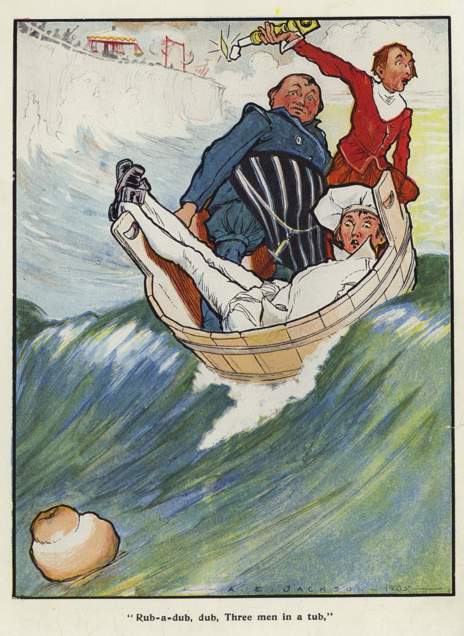 Rub-a-dub, dub, tres hombres en una bañera (litografía en color) de Albert Edward Jackson