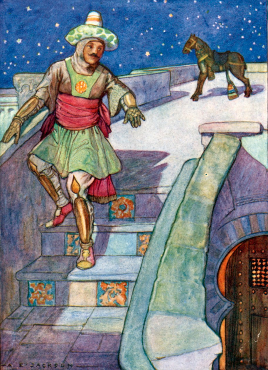 El príncipe dejó el caballo encantado en la terraza (litografía en color) de Albert Edward Jackson