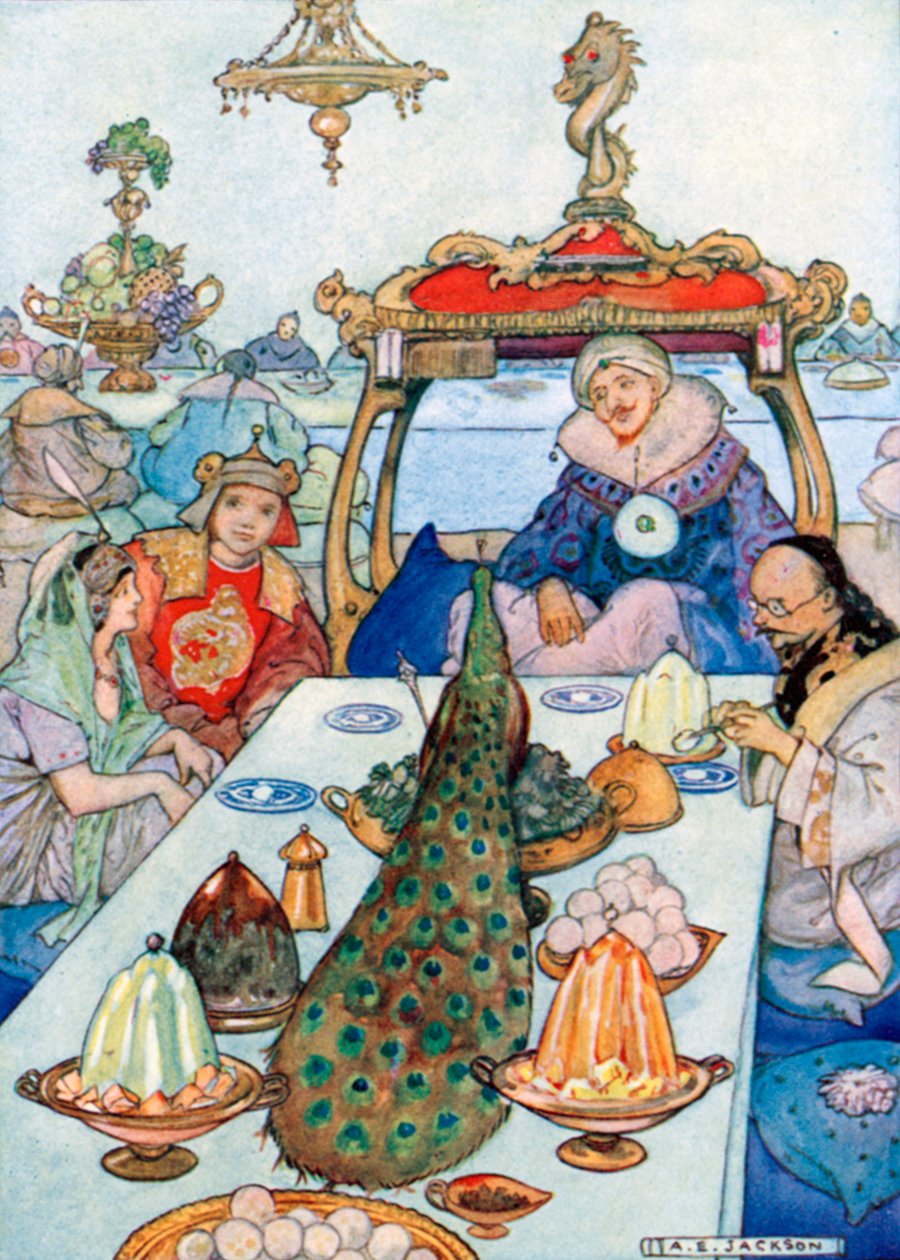El Sultán se sentó a la primera mesa y comió con su hija. Aladino y el Gran Visir ... (litografía en color) de Albert Edward Jackson