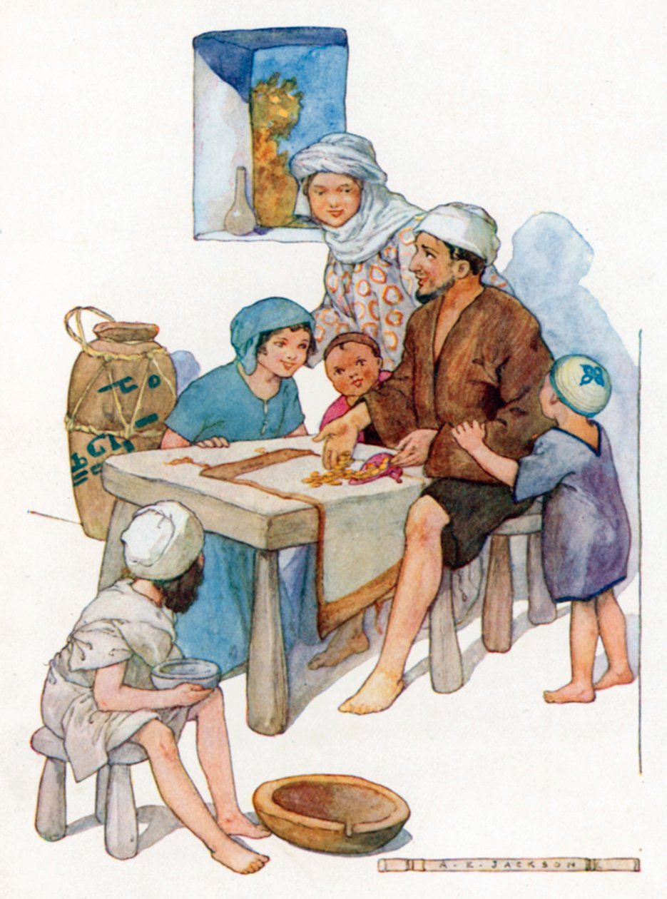 Invocaron muchas bendiciones sobre la cabeza de Sindbad (litografía en color) de Albert Edward Jackson
