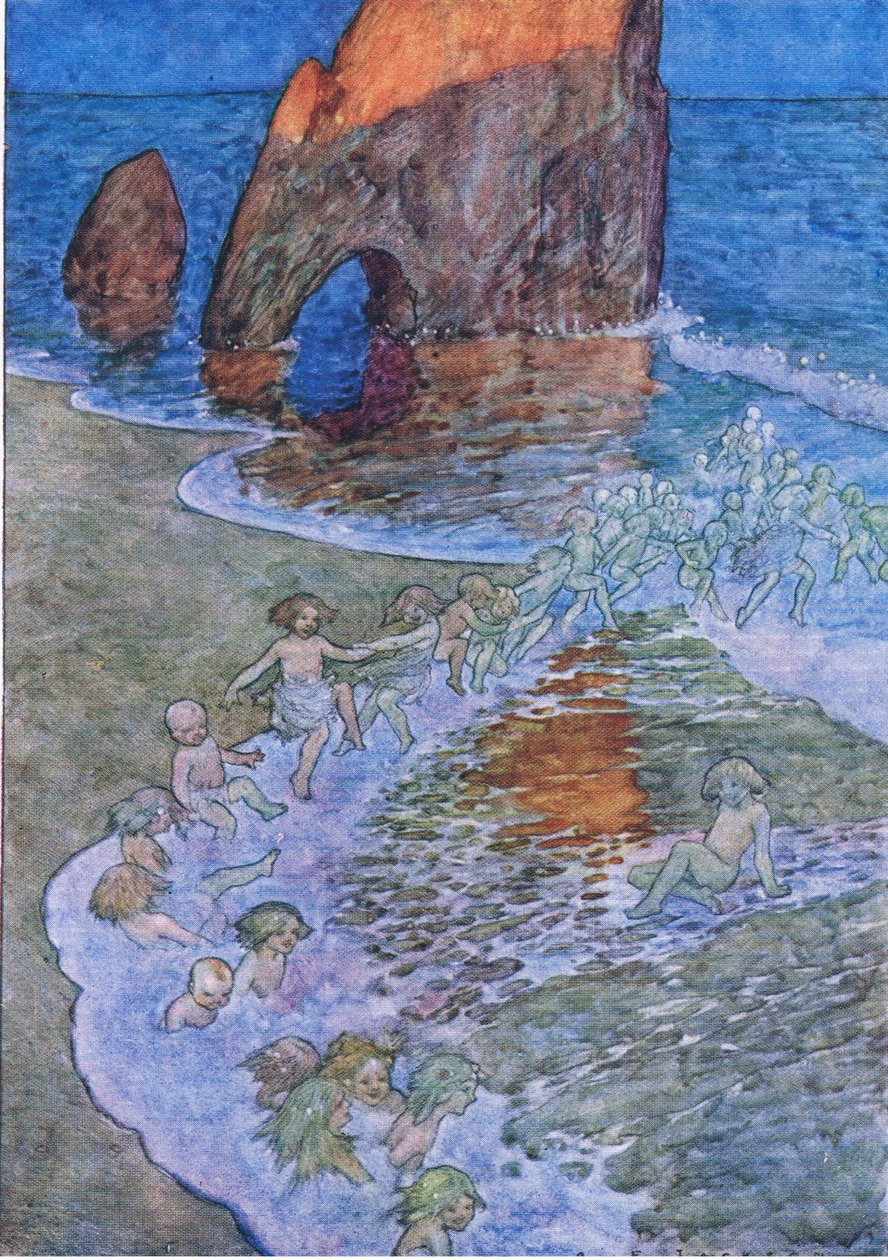 Lo pusieron en el centro y bailaron a su alrededor, de The Water Babies pub.by Humphrey Milford Oxford University Press, c.1930 (litografía en color) de Albert Edward Jackson