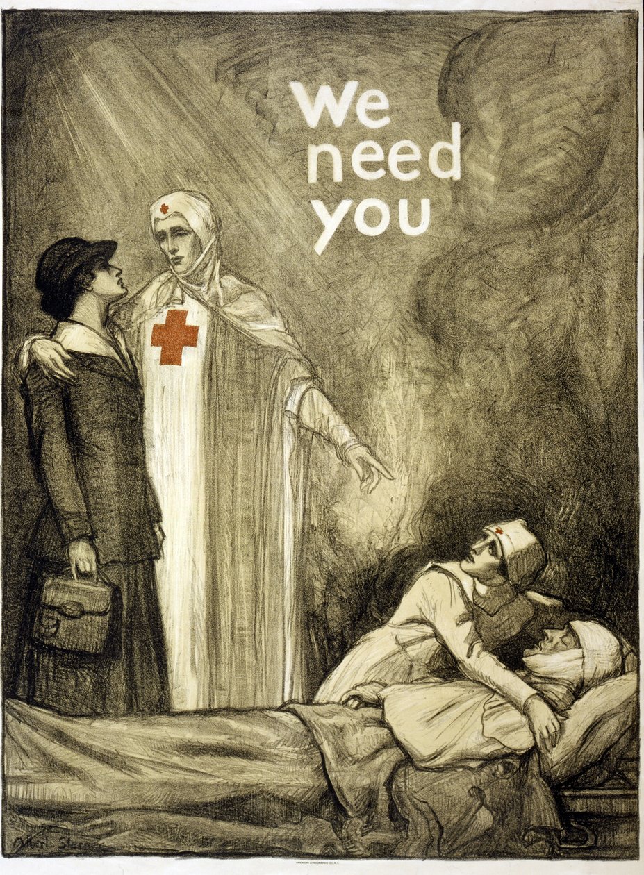 Cartel de reclutamiento de la Cruz Roja, "Te necesitamos", pub. 1918 (litografía en color) de Albert Edward Sterner