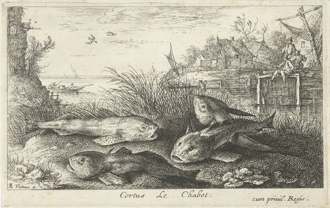 Cuatro cachos en la orilla de un río Cortus LeChabot. (título en el objeto) Peces y otras criaturas marinas: segunda serie de agua dulce (título de la serie) Seconde partie de Poissons d