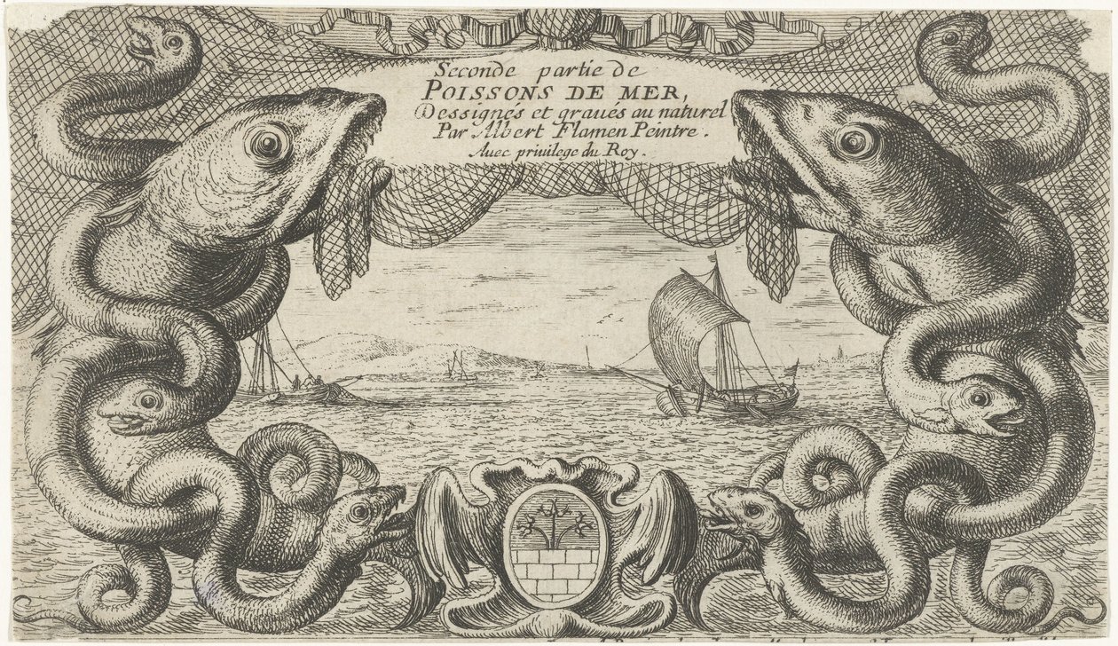 Seascape con borde de criaturas marinas y una red de pesca. Peces y otras criaturas marinas: segunda serie de agua salada (título de la serie) Poissons de mer (título de la serie sobre el objeto) de Albert Flamen