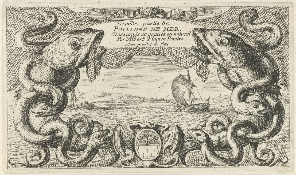 Seascape con borde de criaturas marinas y una red de pesca. Peces y otras criaturas marinas: segunda serie de agua salada (título de la serie) Poissons de mer (título de la serie sobre el objeto) de Albert Flamen