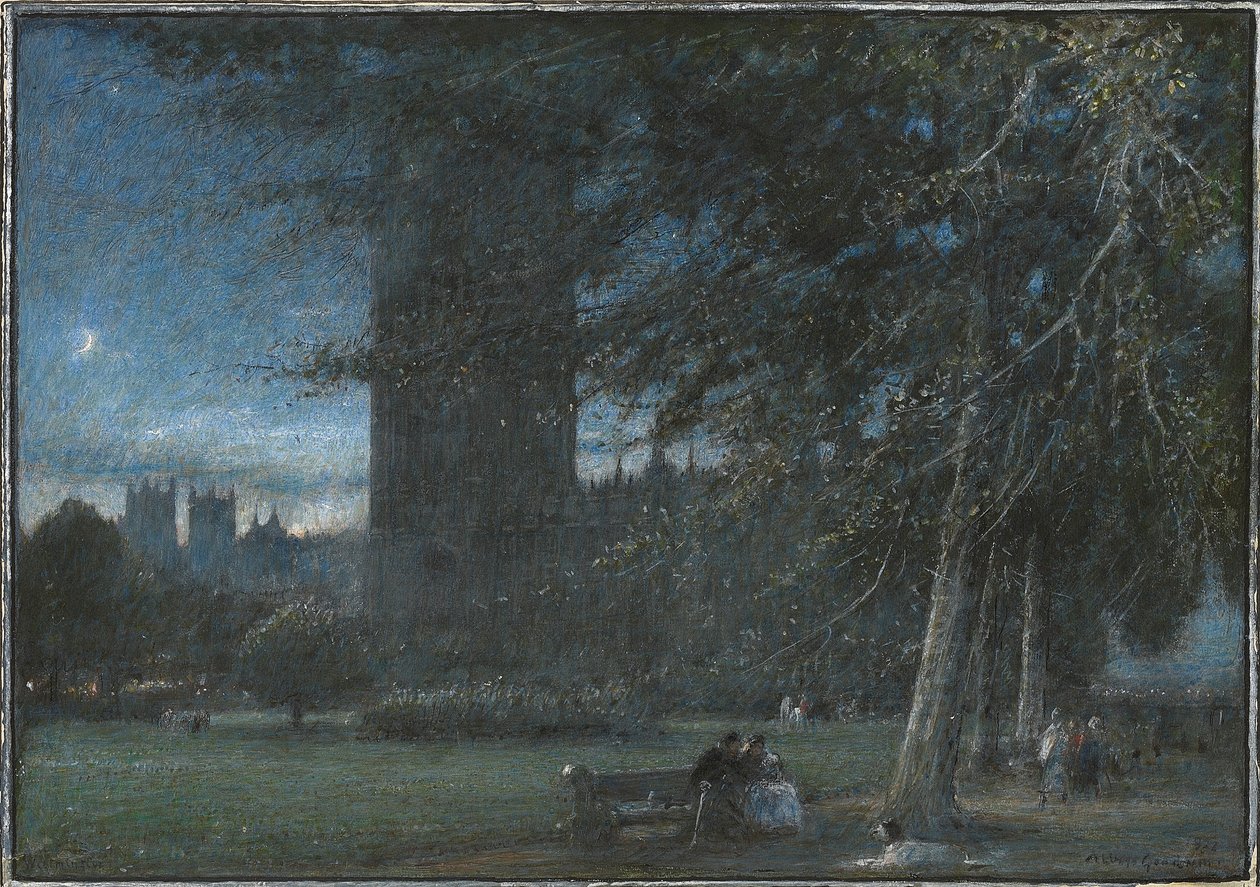 Figuras bajo el Palacio de Westminster al atardecer de Albert Goodwin