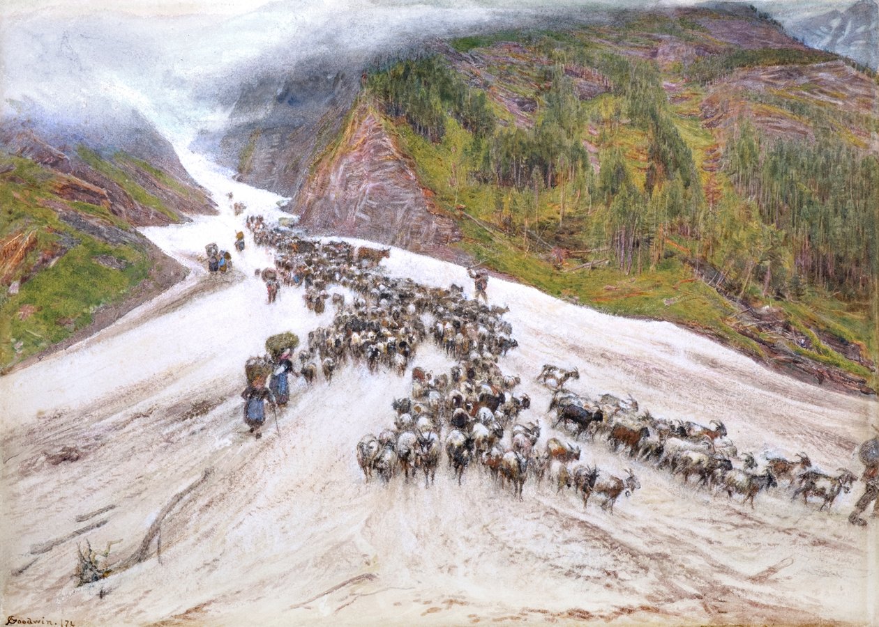 La cabra-Herd en los Alpes suizos de Albert Goodwin