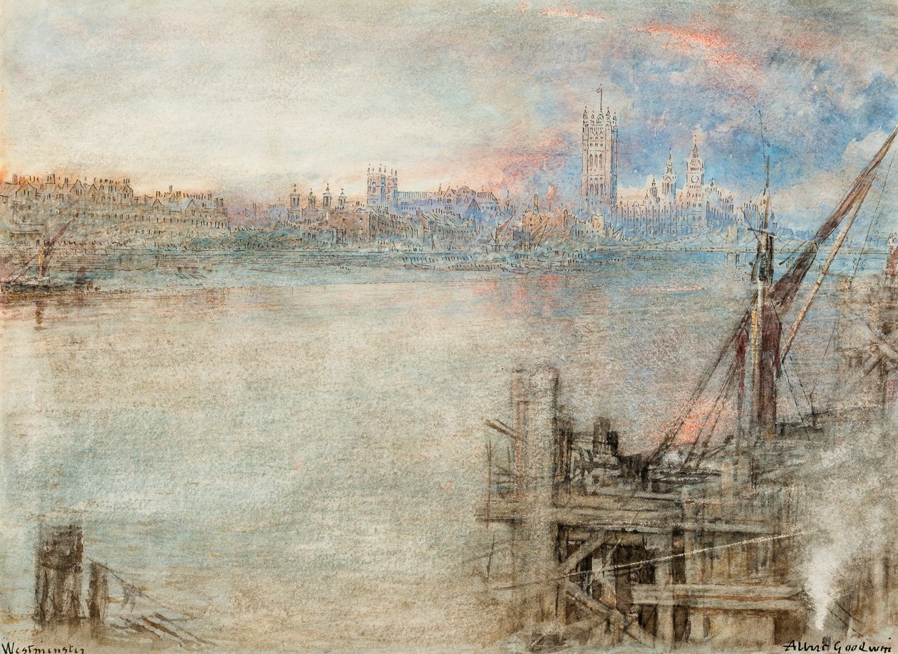 Westminster con las Casas del Parlamento al atardecer (pluma y tinta negra y acuarela con rayado sobre papel) de Albert Goodwin