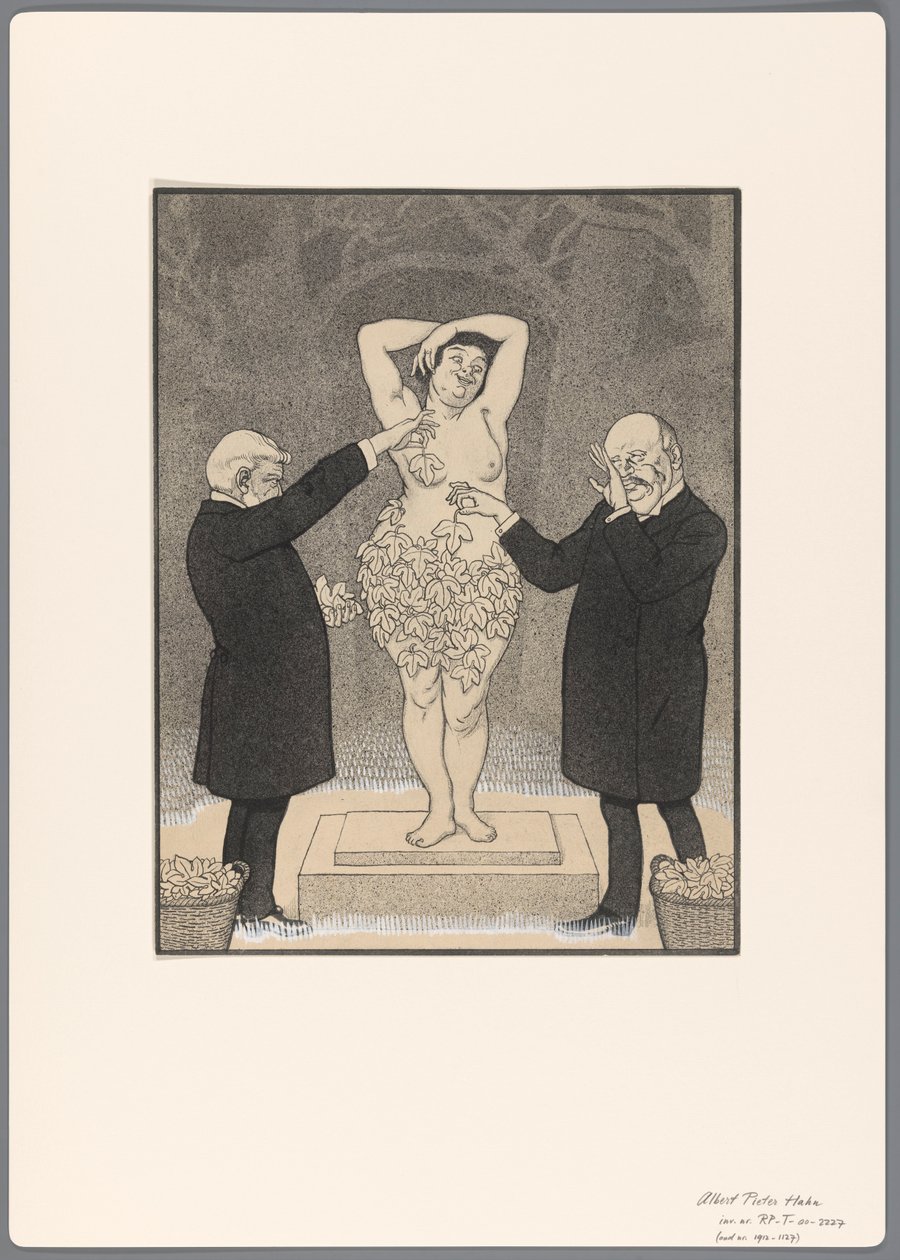 Diseño para una caricatura política: dos caballeros cubren con hojas de higuera a una mujer desnuda de pie de Albert Hahn (I)