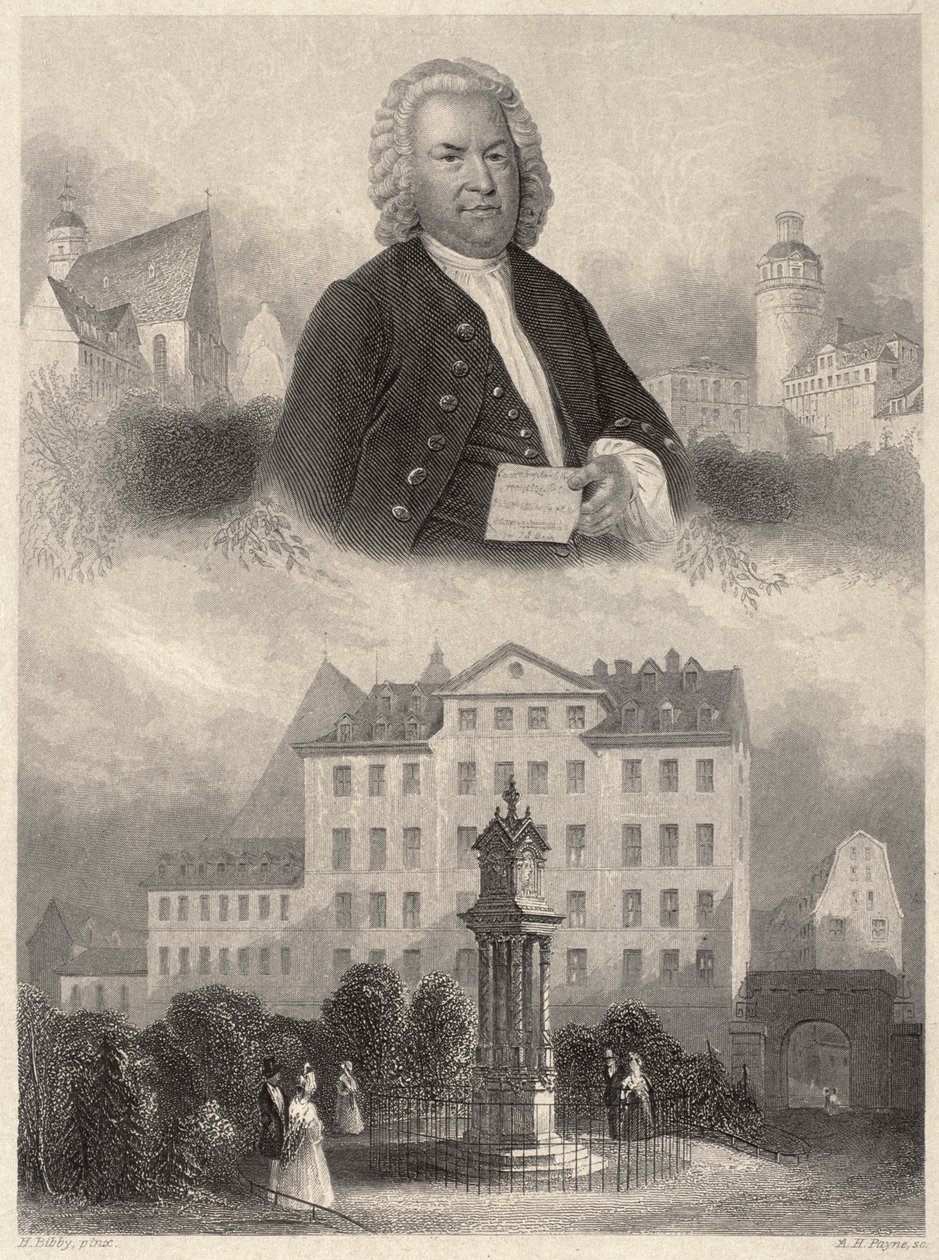 Retrato de Johann Sebastian Bach, el monumento de Bach y la iglesia y escuela de St. Thomas en Leipzig, c. 1860 de Albert Henry Payne
