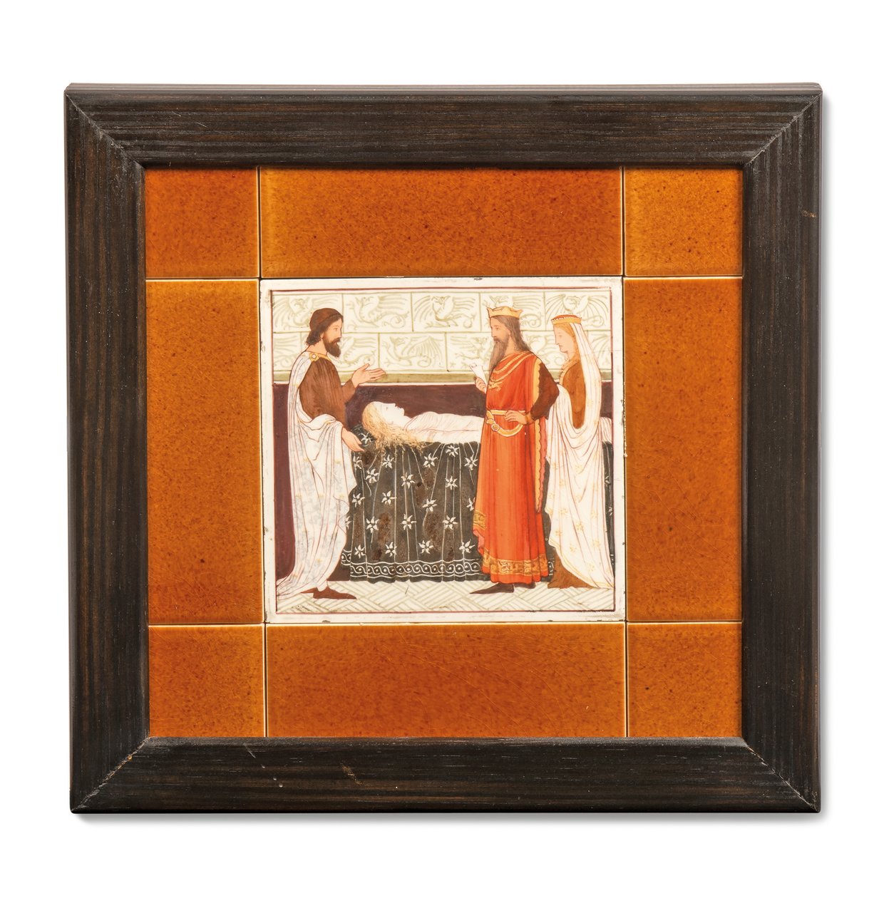 Azulejo pintado con una escena medieval, c.1880-99 (cerámica pintada) de Albert Joseph (attr.to) Moore