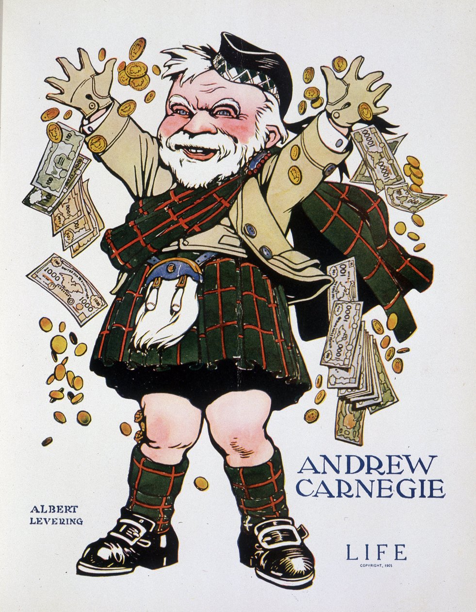 Retrato caricaturesco de Andrew Carnegie en traje de cuadros y lanzando dinero - por Albert Levering (1869-1929), en "Life" del 13/04/1905 de Albert Levering