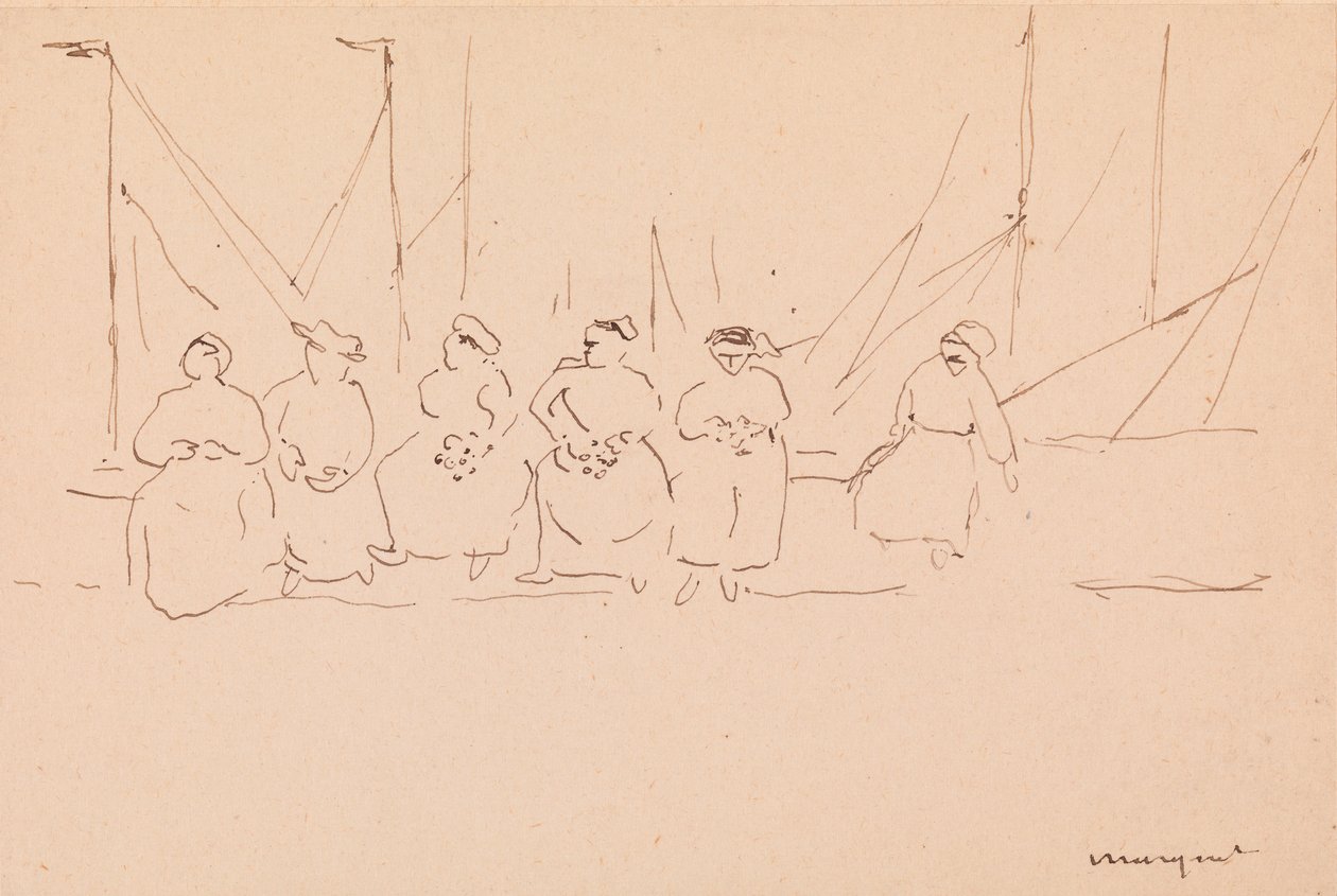 Seis mujeres en un muelle (pluma y tinta sobre papel) de Albert Marquet