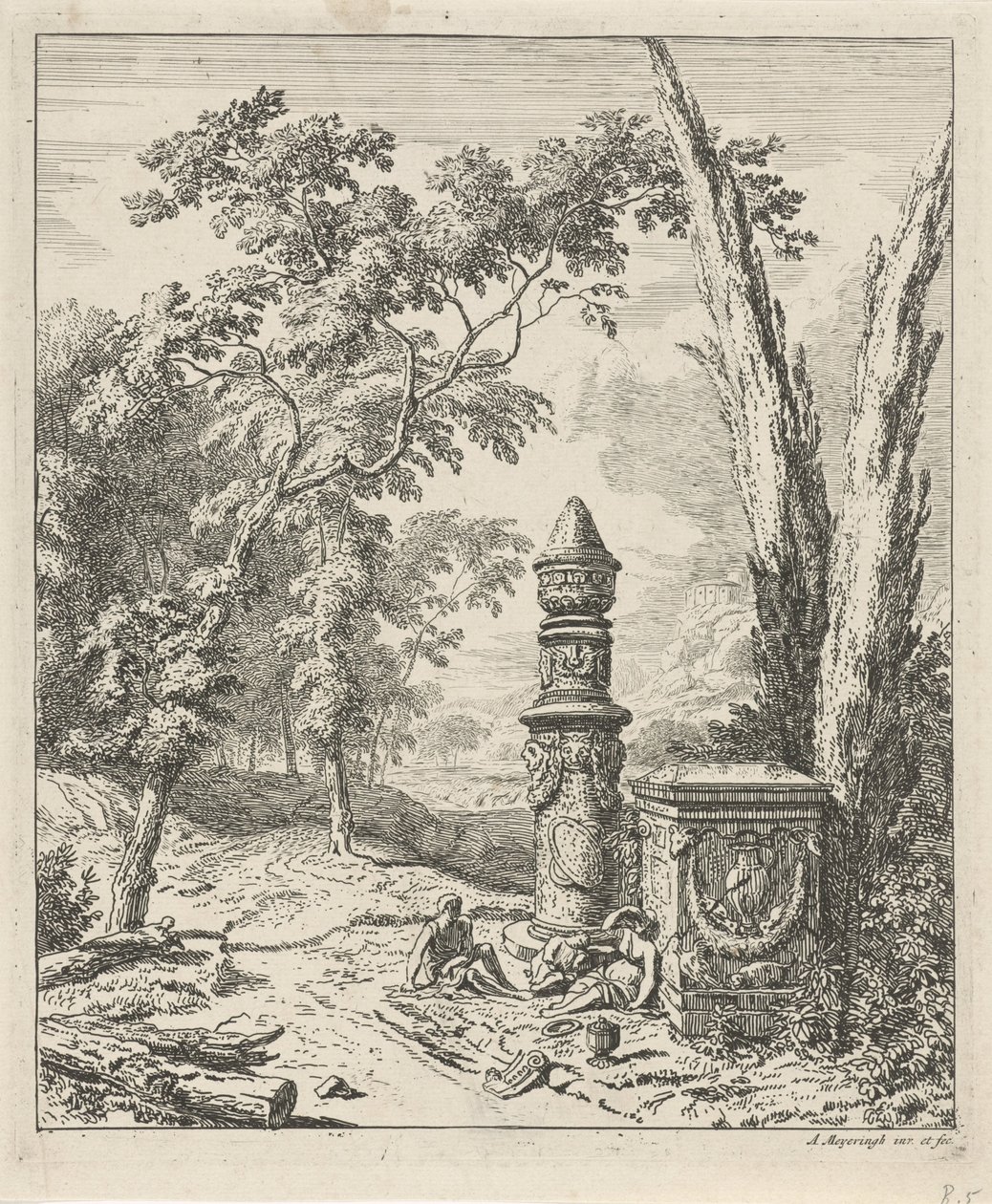 Paisaje con figuras en reposo en un monumento funerario Paisajes (título de la serie) de Albert Meyering