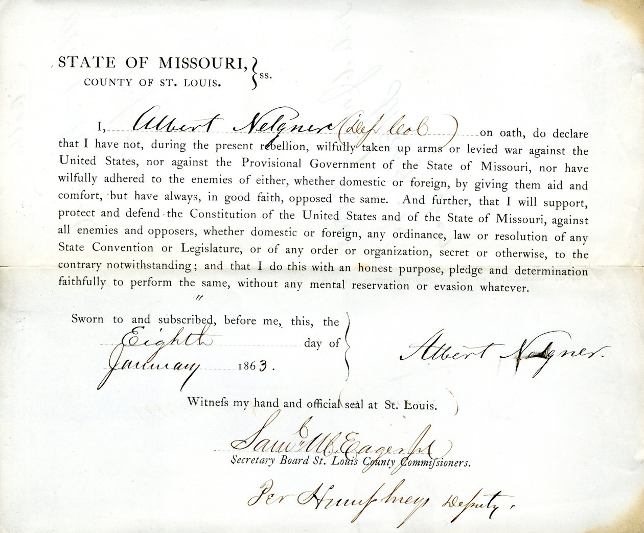Juramento de lealtad de Albert Nelgner de Missouri, Condado de St. Louis de Albert Nelgner