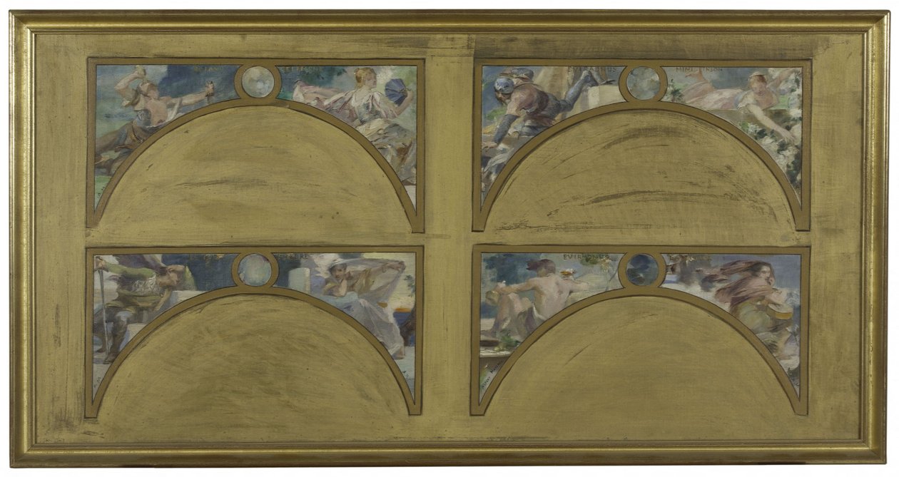 Boceto para el Salón de las Letras del Ayuntamiento de París: las grandes obras literarias (La Chanson de Roland, Le Misanthrope, Eviradnus, Mimi Pinson, Le Cid, Phèdre, Pantagruel, La Cigale), hacia 1890 (óleo sobre tinta negra sobre lienzo). de Albert Pierre Rene Maignan