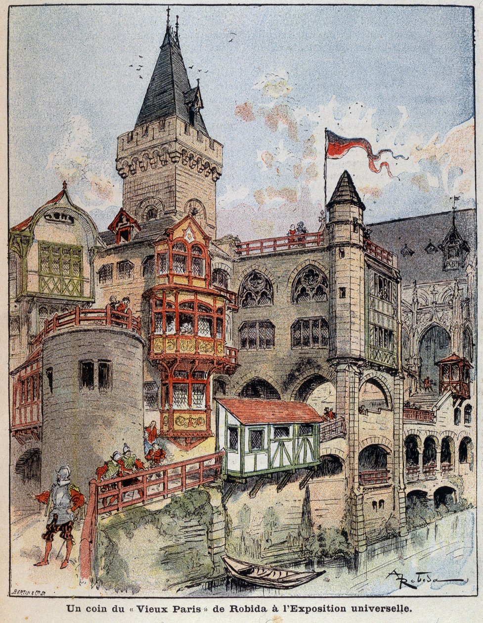 Un rincón del "Viejo París" de Robida en la Exposición Mundial. Portada de "El Pequeño Francés ilustrado" del 26/05/1900. de Albert Robida