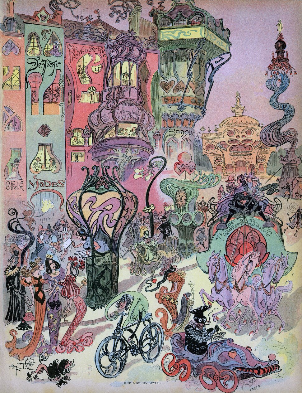 Avance del estilo moderno parisino del diseñador Albert Robida. En este bello dibujo vemos la influencia de Robida en los creadores de bandas dibujadas de los años 1960-1980, en particular Fred (Othon Aristides, "Aventuras de Filemón") y Forest (Barbarella de Albert Robida