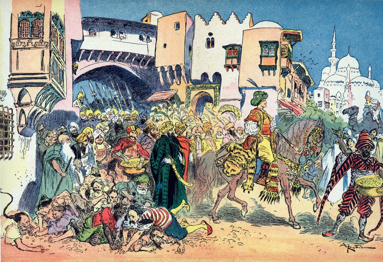 Aladino cabalgando por las calles de la ciudad y arrojando dinero a su alrededor Ilustración de Albert Robida (1848-1926) para el cuento "Aladino y la lámpara maravillosa" en "les mille et une nuits" (Ilustración para el cuento "Aladino" en "El libro de un de Albert Robida