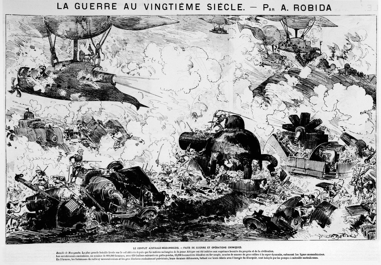 Anticipación: Batalla de Mazayamba: el conflicto Australo-Mozambiqueño, guerra y operaciones químicas - en "La Guerra en el siglo XX" por A. Robida de Albert Robida