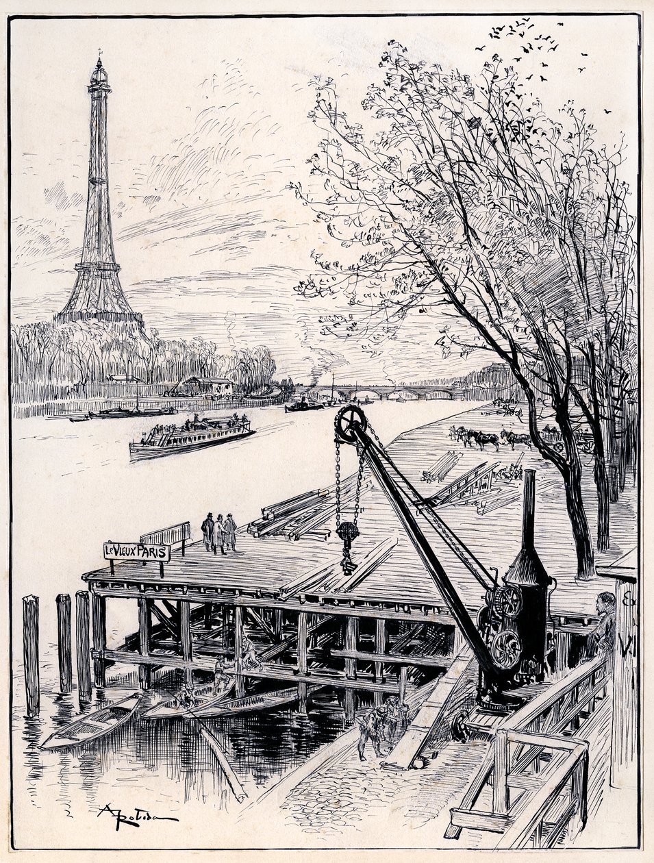 Inicio de las obras de reconstrucción arquitectónica del Viejo París medieval, a orillas del Sena, para la Exposición Universal de 1900. de Albert Robida