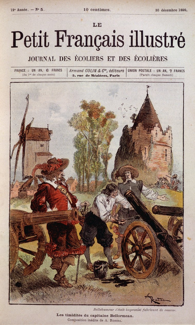 Bellehumeur había improvisado fabricante de cañones - La timidez del Capitán Bellormeau por Robida. Portada de “El Pequeño Francés Ilustrado” del 30/12/1899 de Albert Robida