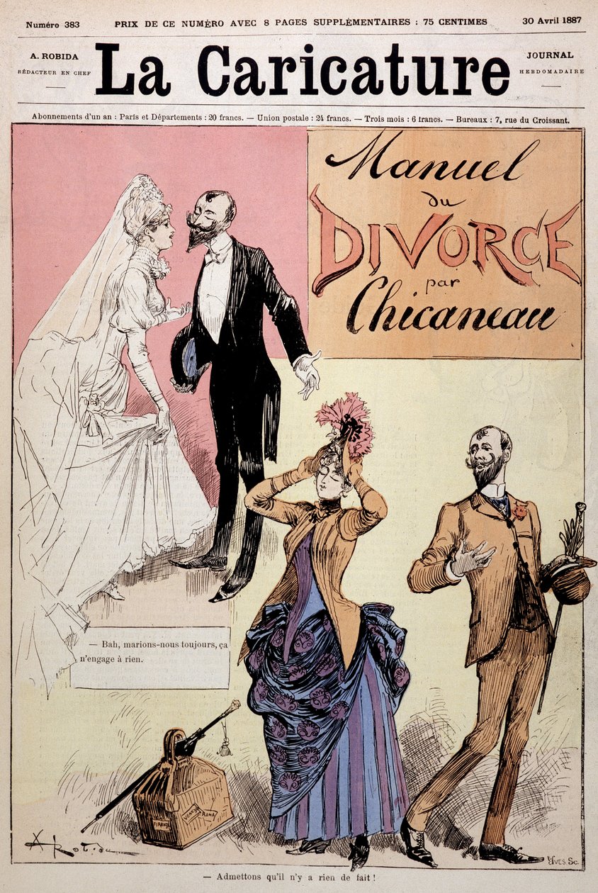 Pareja casada luego divorciada, “El Manual del Divorcio” de Chicaneau, ilustración de Albert Robida (1848-1926), portada “La Caricatura”, 30/04/1887 de Albert Robida