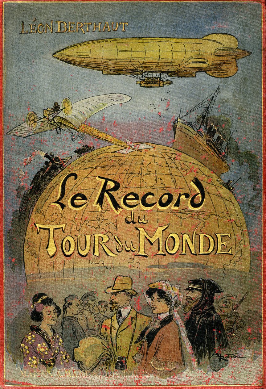 Portada ilustrada por Albert Robida (1848-1926) del libro de Leon Berthault "Le record du tour du monde", edición Mame debut 20eme century (1911) - Se trata de una novela de aventuras "julesvernerie" fuertemente inspirada en la obra de Julio Verne y su "Ex de Albert Robida