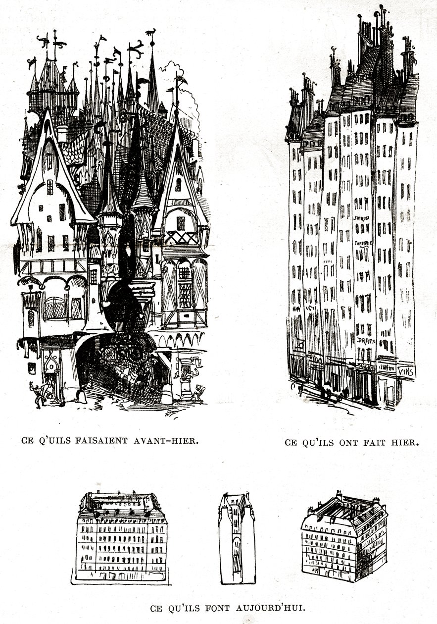 Crítica de la fealdad de la construcción moderna en París con la arquitectura del pasado, presente y futuro de Albert Robida