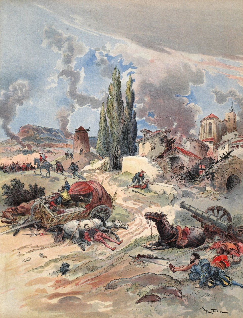 Devastación de la Provenza, ilustración de "Francois Ier: Le Roi Chevalier, de George G. Toudouze, pub. 1909 (litografía en color) de Albert Robida