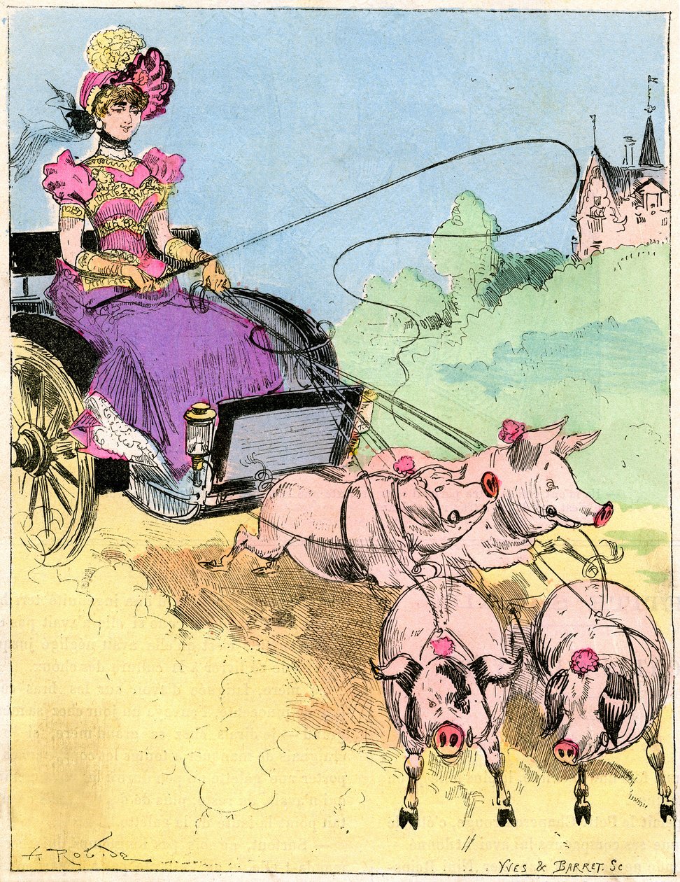 Dibujo de Albert Robida (1848-1926) en la portada del Comique World n°296 (principios del siglo XX) - Nuevo enganche muy elegante para pequeñas salidas al campo - Joven mujer conduciendo un carruaje de cerdos (cerdos) - de Albert Robida