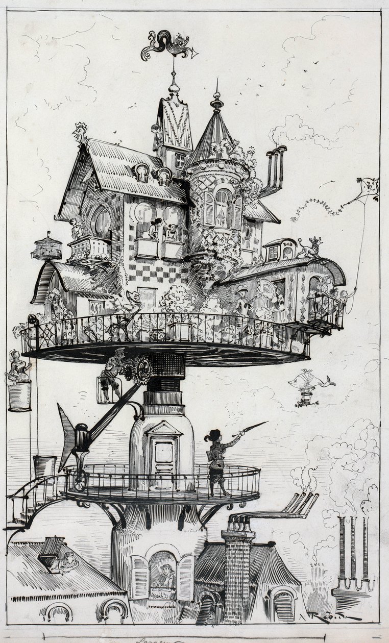 El dibujo muestra una estructura de vivienda elevada sobre los tejados y diseñada para girar y ajustarse en varias direcciones, dibujo de Albert Robida c. 1883 de Albert Robida