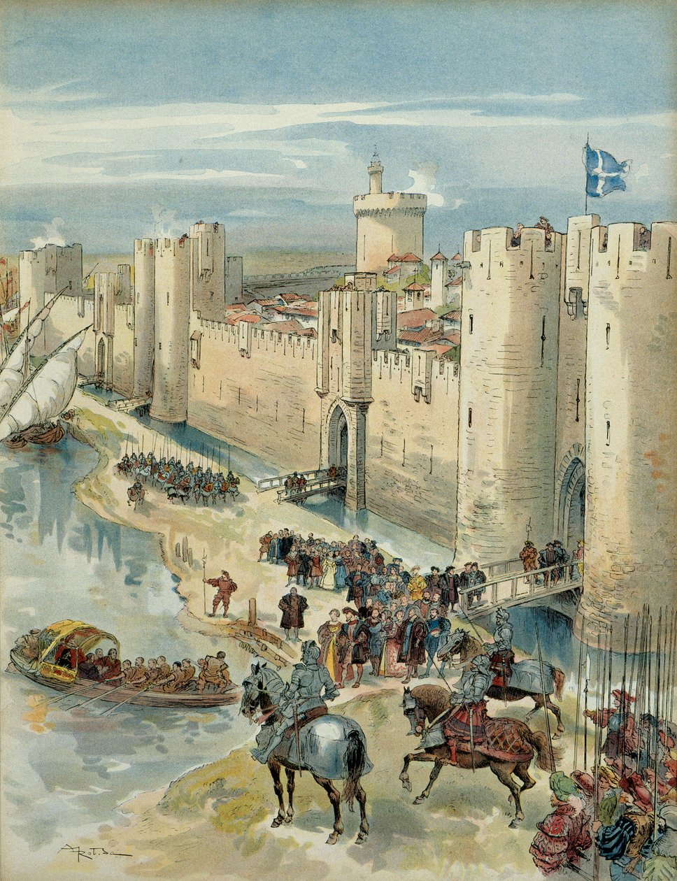 Octava Guerra Italiana (1536-1538): entrevista de Aigues Mortes (o tregua de Aigues Mortes) el 14 de julio de 1538, encuentro entre Francisco I (1494-1547), Rey de Francia y Carlos V (1500-1558), Rey de España y Emperador del Sacro Imperio Romano Germánico de Albert Robida
