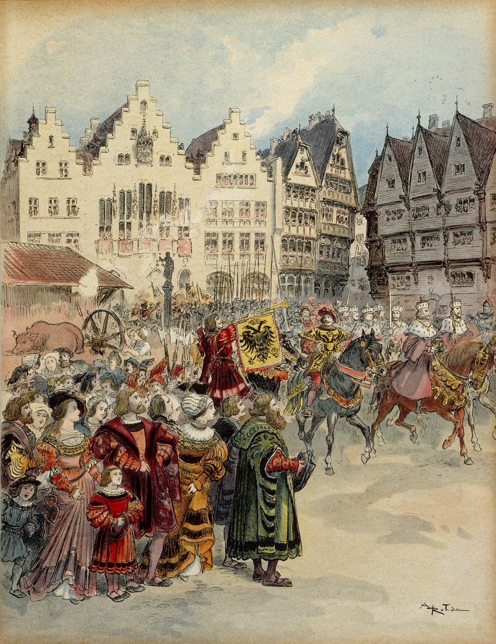 Elección de Carlos V (1500-1558) como Emperador de Alemania el 28 de junio de 1519. El cortejo de los siete electores recorre las calles de Frankfurt (Alemania). Ilustración de Albert Robida