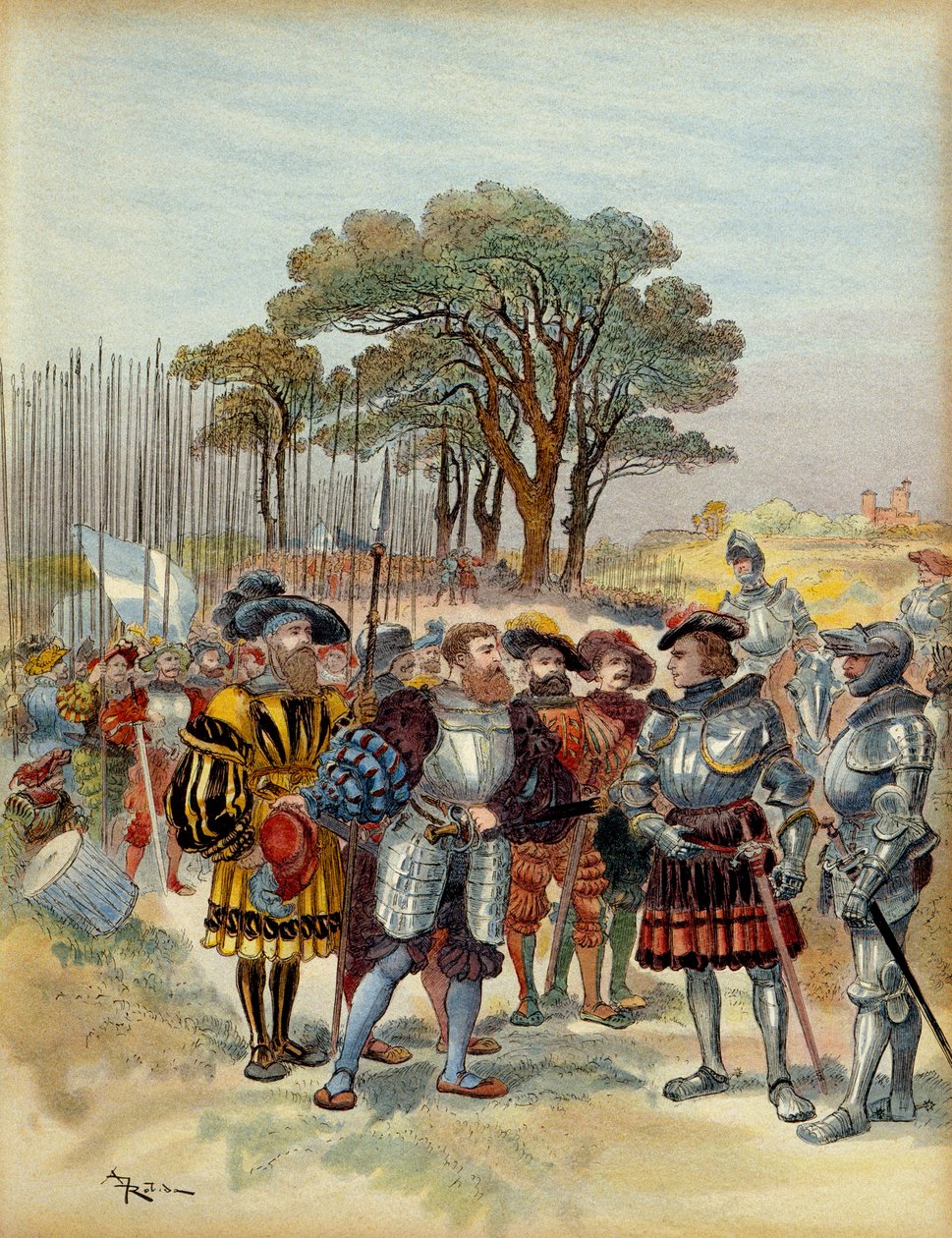 Quinta Guerra Italiana (1515-1516): en el campamento retirado de la Bicocca frente a Milán (Italia), en 1516, los suizos exigieron pago, licencia o batalla, Odet de Foix, Vizconde de Lautrec, mariscal de Francia (1485-1528) no pudo pagarles de Albert Robida