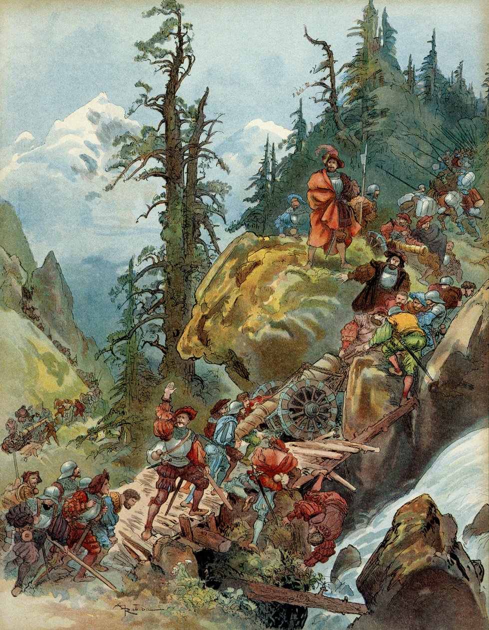 Quinta Guerra Italiana (1515-1516): el paso de los Alpes en agosto de 1515, por el paso de Larche, del ejército de Francisco I, en ruta hacia Italia de Albert Robida