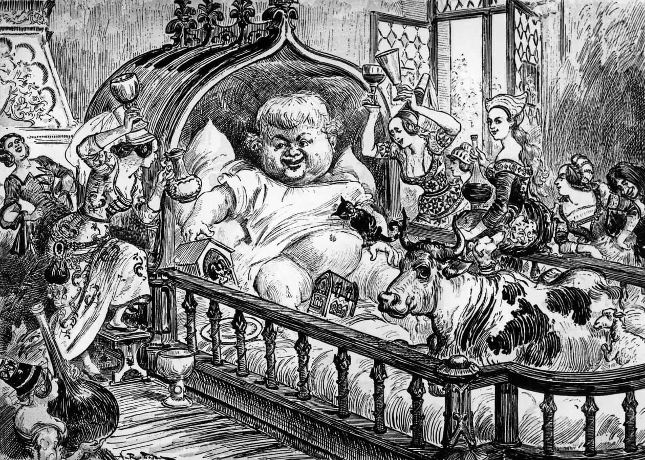 Grandes et inestimables chroniques du grand et enorme geant Gargantua obra anónima que inspiró a François Rabelais para "Pantagruel" en 1532, grabado de Albert Robida : aquí Gargantua de bebé de Albert Robida