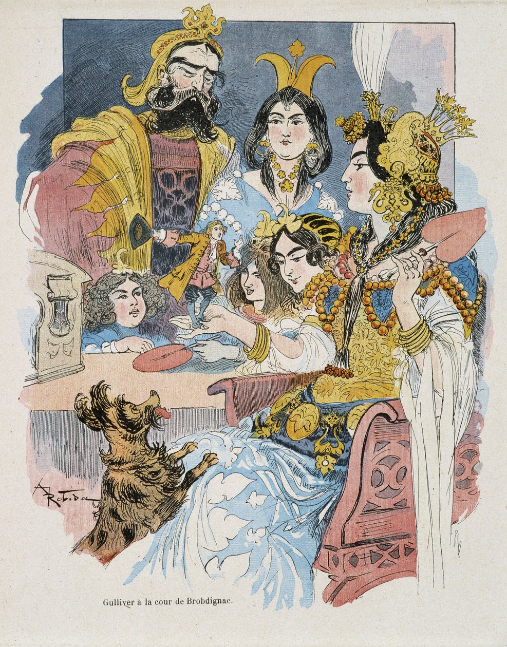Gulliver en la corte de Brobdignac - en Gulliver Voyages por Swift, ilustrado por Robida de Albert Robida