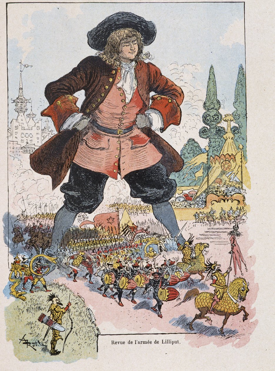 Gulliver en la revisión del ejército de Lilliput - en "Gulliver Voyages" de Swift, il. por Robida de Albert Robida