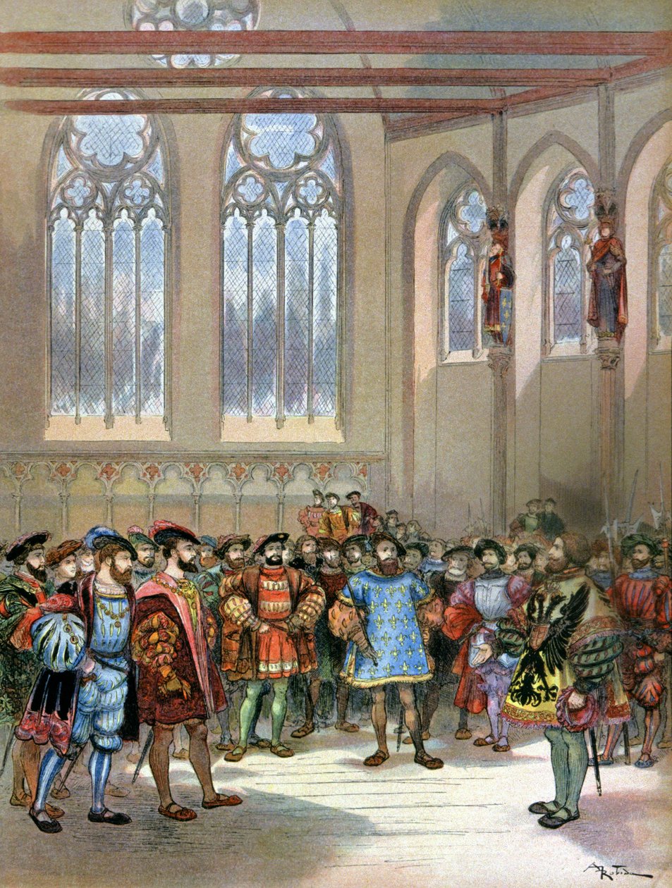 Heraldo de Carlos Quinto recibido por Francisco I de Albert Robida