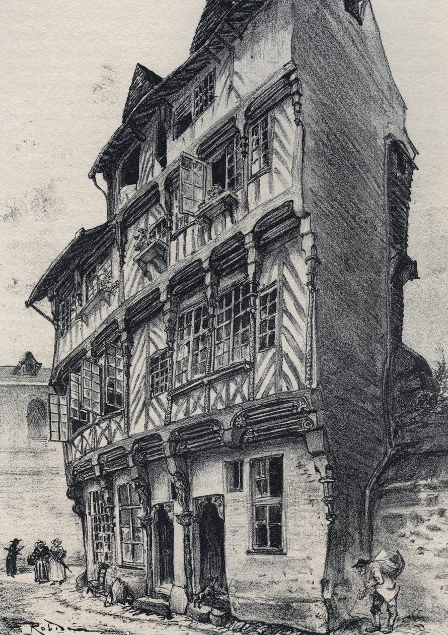 Casa rue Saint Guillaume en Rennes - Vieja Francia - Bretaña - texto, dibujos y litografías, por Albert Robida (1848-1926) sin fecha finales del siglo XIX de Albert Robida