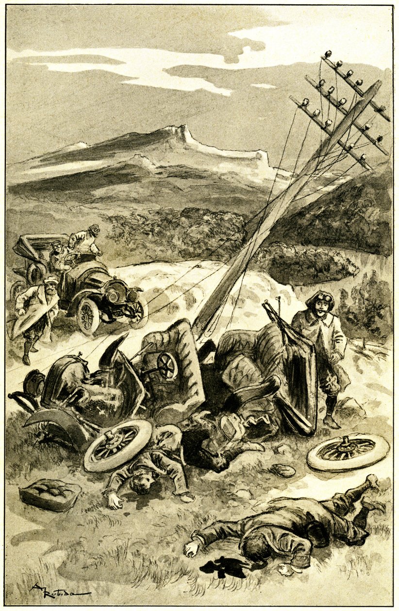 Ilustración de Albert Robida (1848-1926) para el libro de Leon Berthault "Le record du tour du monde ", edición Mame principios del siglo XX (1911) - un accidente de tráfico hacia 1900: coche que choca contra un poste de la línea telegráfica. Los pasajeros de Albert Robida