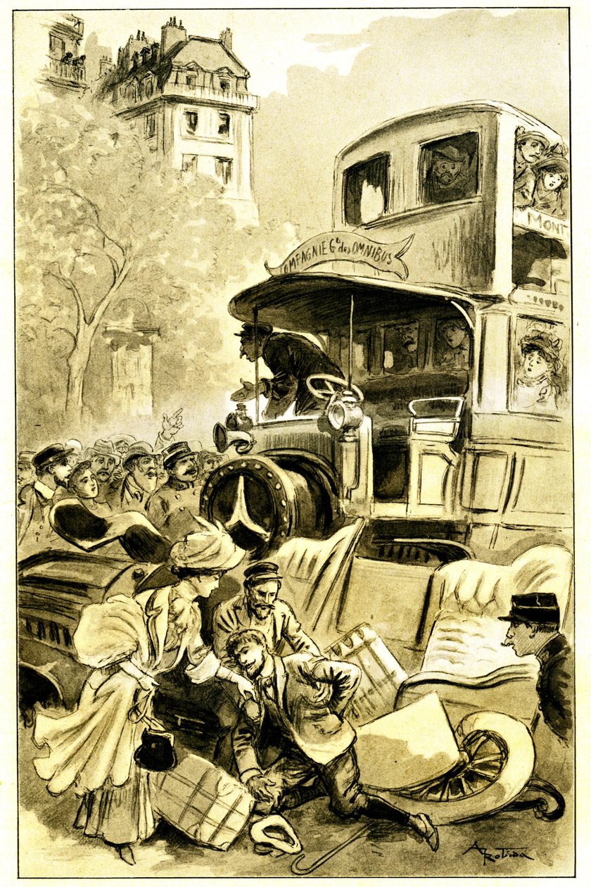 Ilustración de Albert Robida (1848-1926) para el libro de Leon Berthault "Le record du tour du monde", edición Mame debut siglo XX (1911) - un accidente de tráfico en París hacia 1900: coche atropellado por un ómnibus. El conductor resulta herido - de Albert Robida