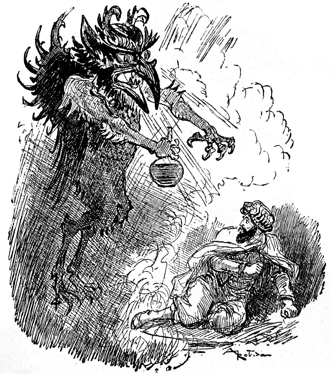 Ilustración de Albert Robida (1848-1926) de una leyenda árabe (1001 noches) (Cuentos de las Mil y Una Noches): un horrible demonio (genio maligno) obsequia a un hombre con una botella de vino. grabado del libro "Choix de lectures" Armand Colin 1926. de Albert Robida
