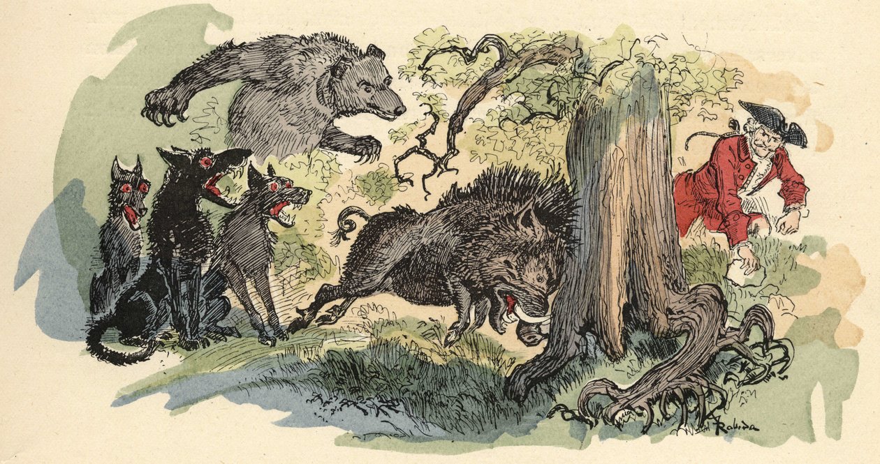 Ilustración de Albert Robida en “Historia y aventuras del Barón de Munchausen”, H. Laurens Ed., finales del siglo XIX de Albert Robida