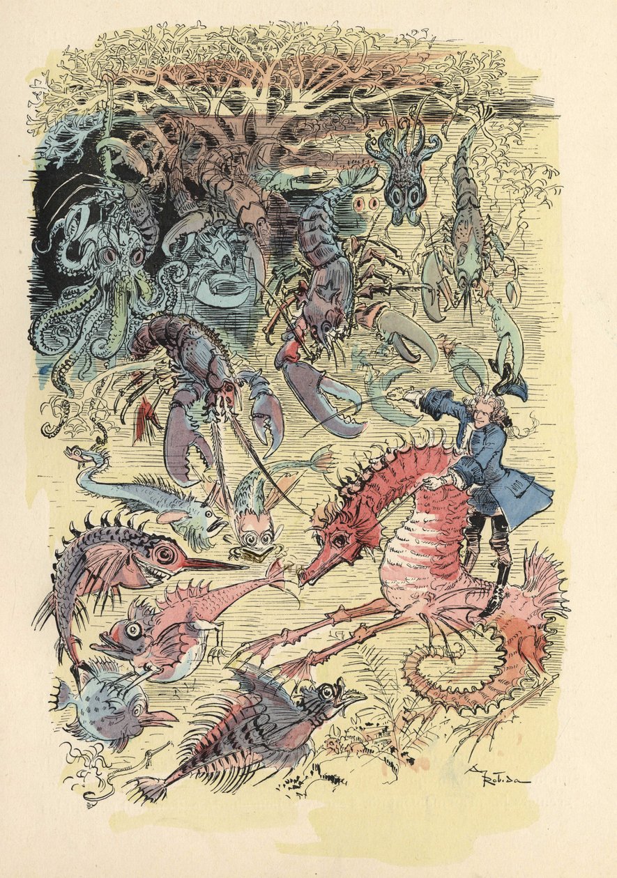 Ilustración de Albert Robida en Historia y Aventuras del Barón de Munchausen, H. Laurens Ed., finales del siglo XIX de Albert Robida
