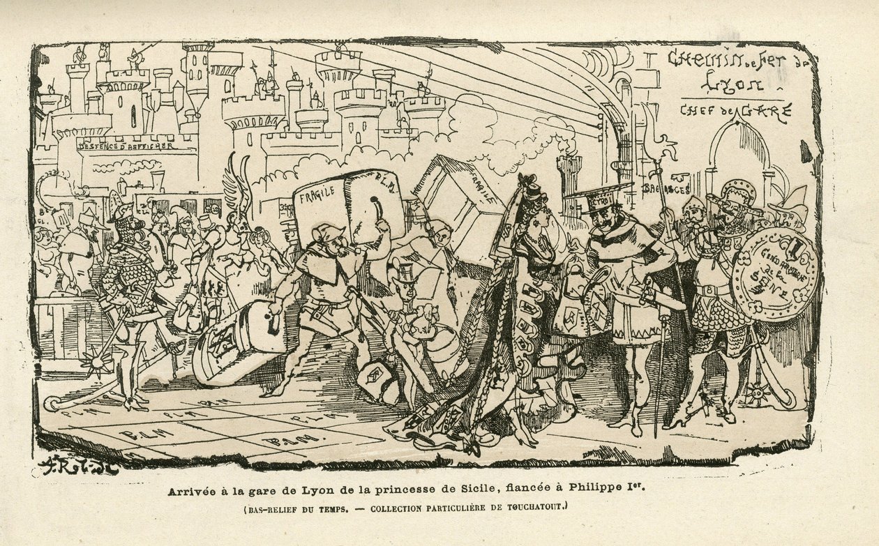 Ilustración de Albert Robida (1848-1926) en Histoire de France tintamarresque, ca. 1880 - Gare, Ancien regime, Sicily - Philippe I de Albert Robida