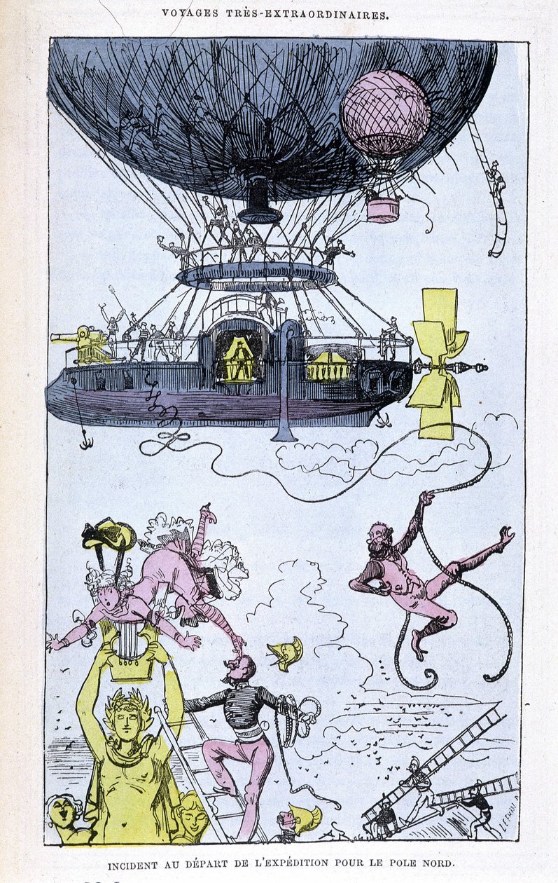 Incidente en la partida de la expedición al Polo Norte (aerostato y escenas disparatadas), parodia de Jules Verne, "Viajes muy extraordinarios de Saturnin Farandoul en 5 o 6 partes del mundo y en todos los países conocidos o desconocidos por el Sr. Jules V de Albert Robida