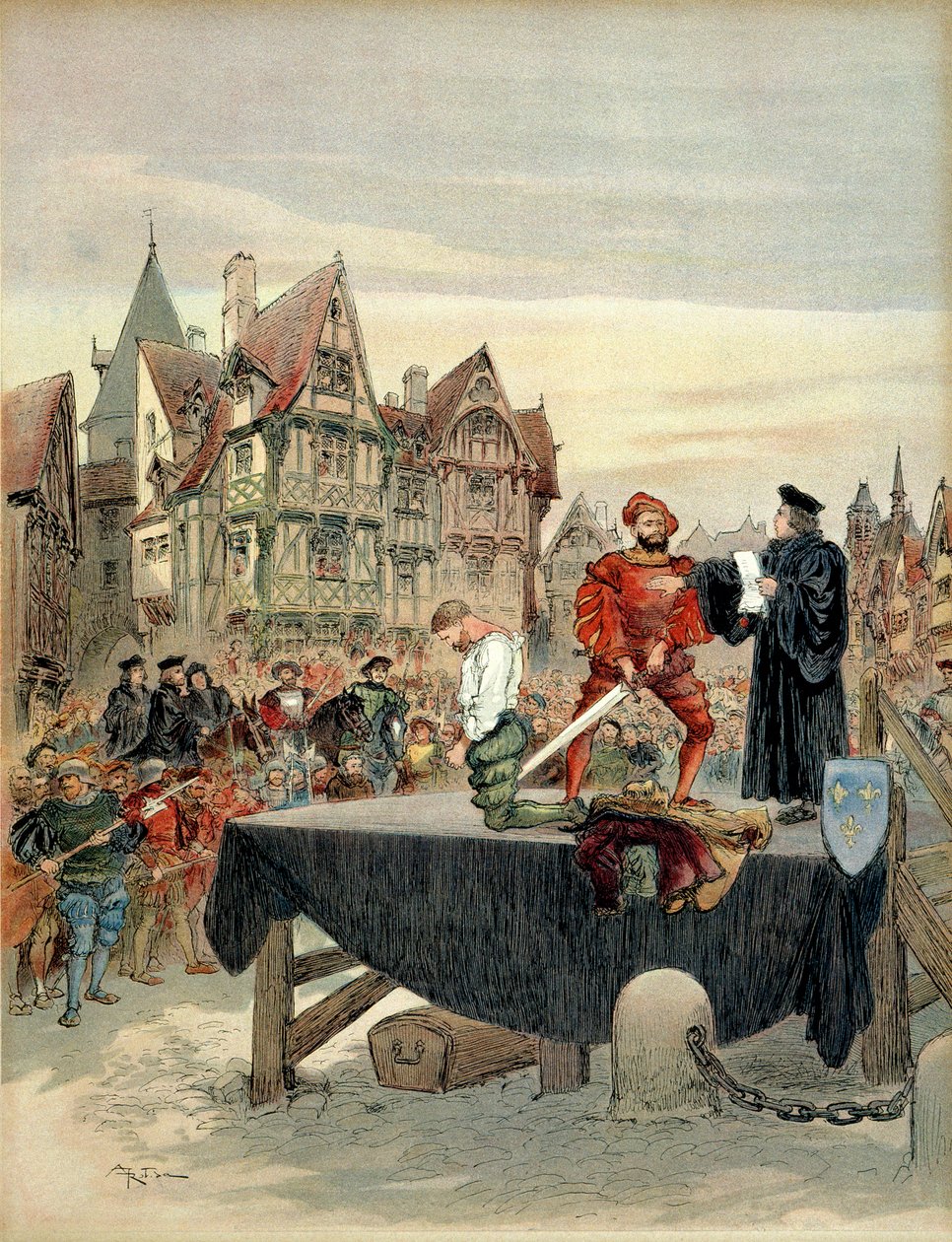 Jean de Poitiers, señor de Saint Vallier (ca. 1475-1539), capitán de la guardia de Carlos de Borbón (1489-1537) fue perdonado en el cadalso en 1524. Ilustración de Albert Robida