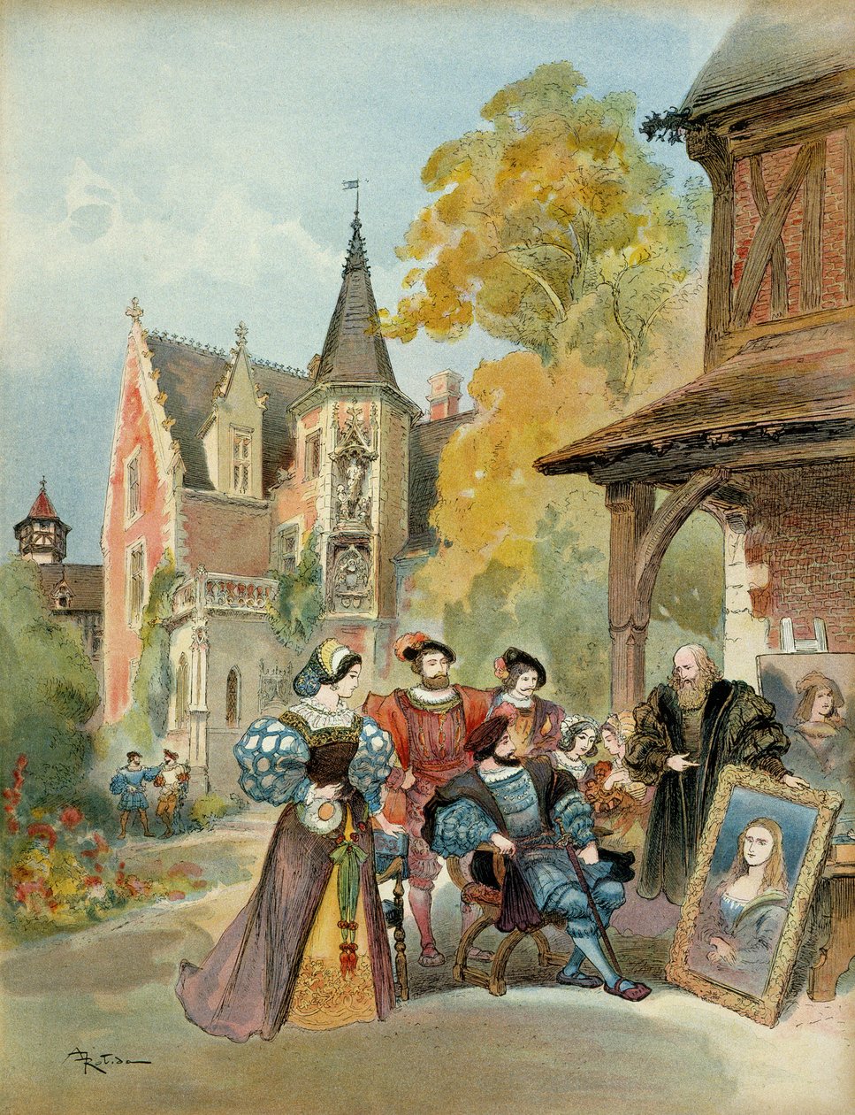 El rey Francisco I (1494-1547) comprando la Mona Lisa a Leonardo da Vinci (1452-1519), cerca del castillo real de Amboise, entre 1516 y 1519 de Albert Robida